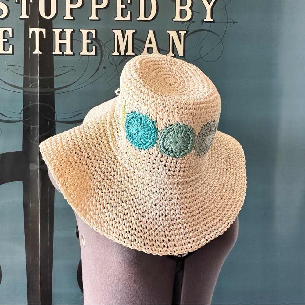 Vintage Straw Sun Hat with Teal and Lime Crochet Accents - Picture 3 of 4